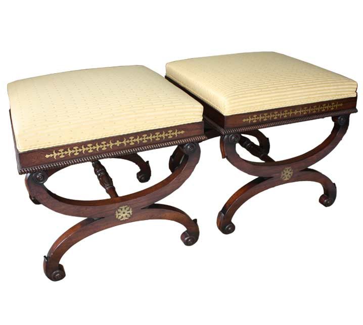 Pair of X-frame stools with turned rails